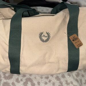 PINK Victoria's Secret Cream Canvas Duffel with Dark Green Straps